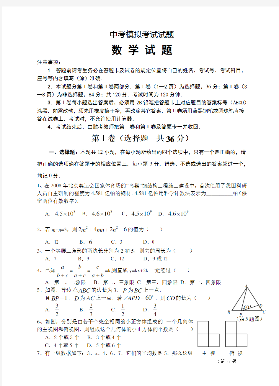 初中数学模拟考试卷