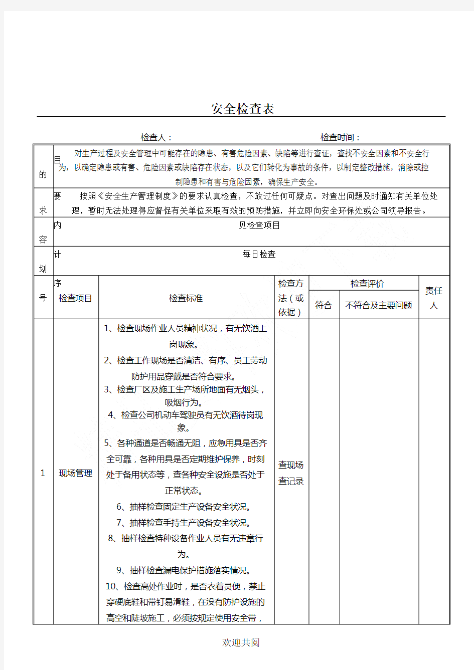 各类安全检查表格范本