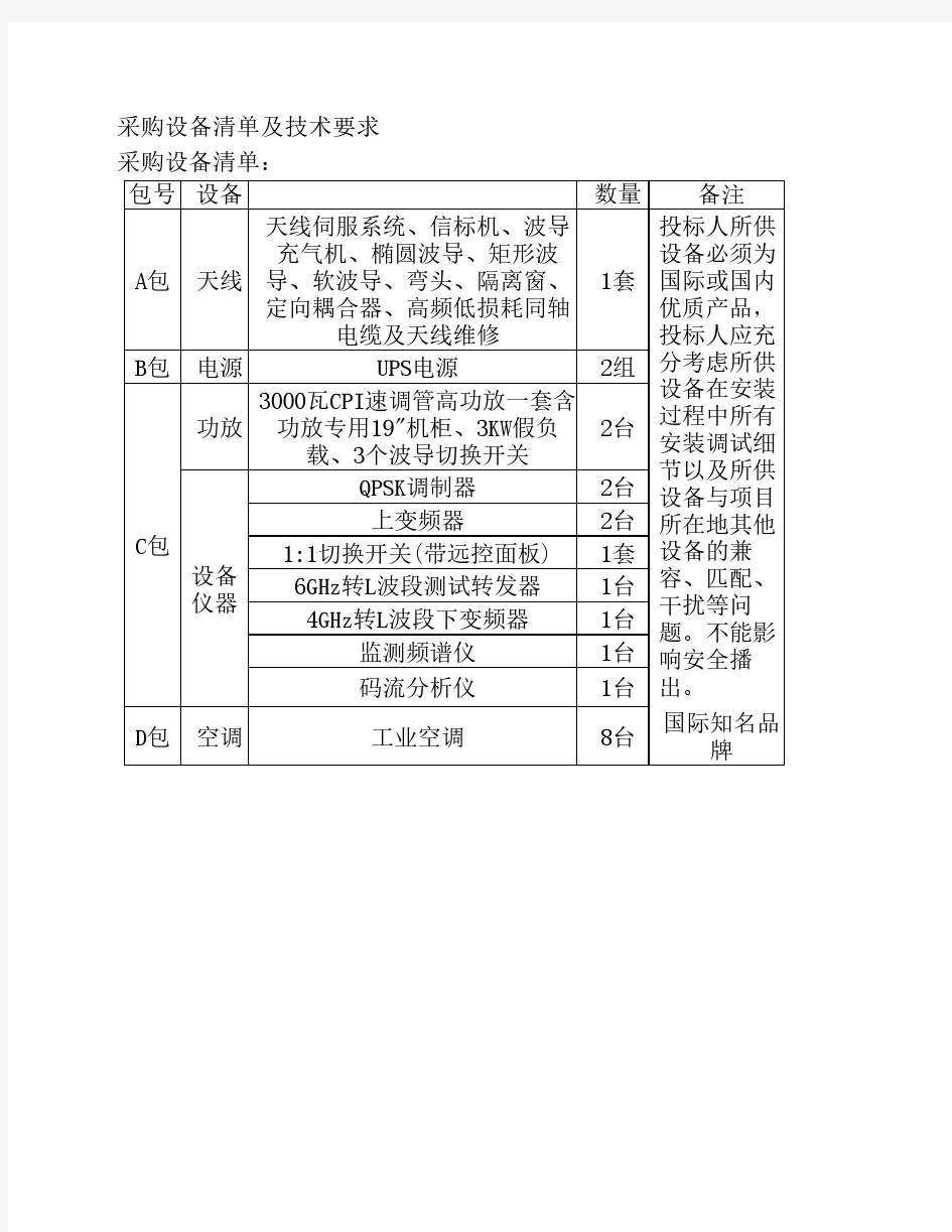 采购设备清单及技术要求