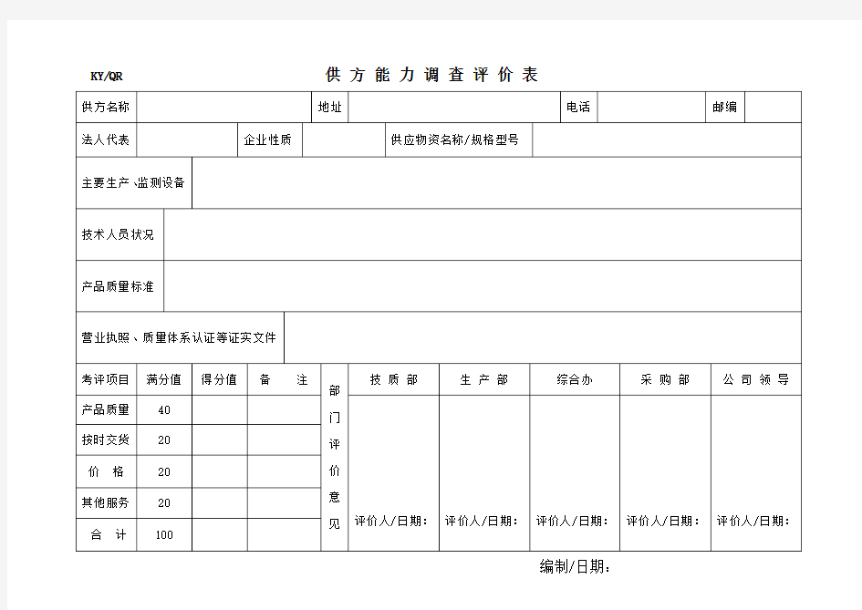 供方能力调查评价表