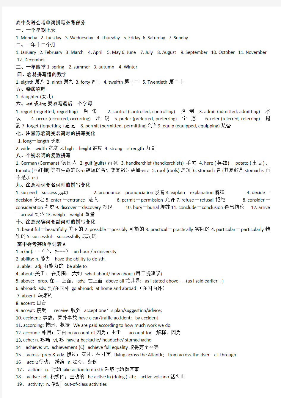 高中英语会考单词拼写必背部分