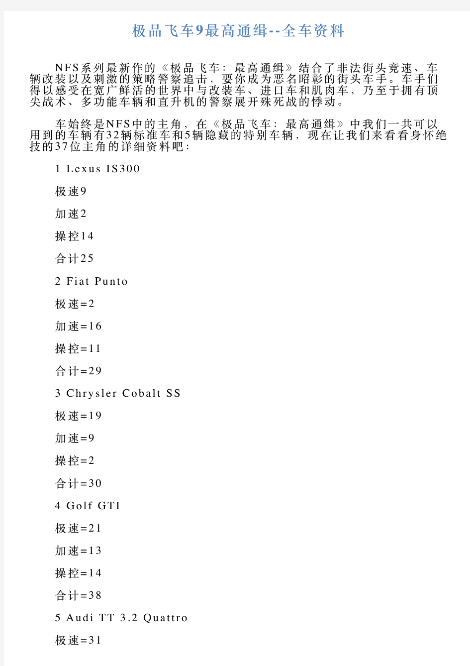 极品飞车9最高通缉全车资料