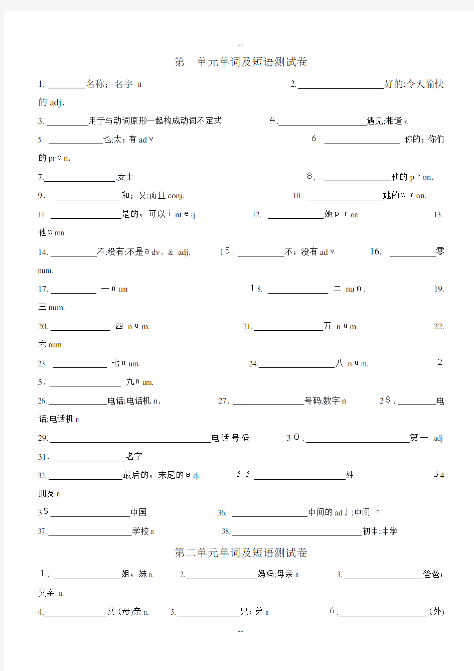 新人教版七年级英语上册单词测试卷