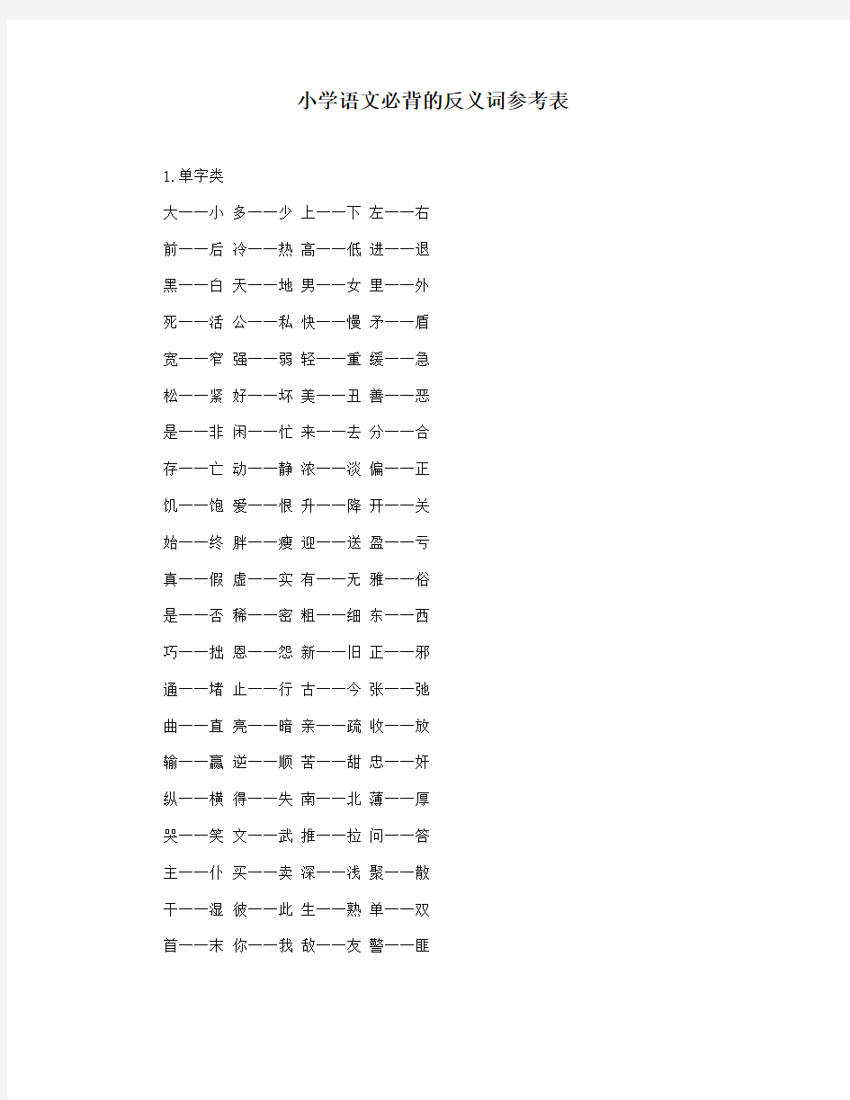 小学语文必背的反义词参考表