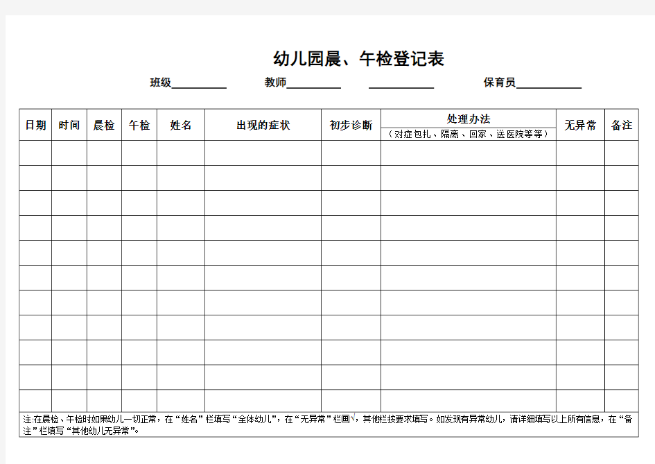 幼儿园晨午检登记表