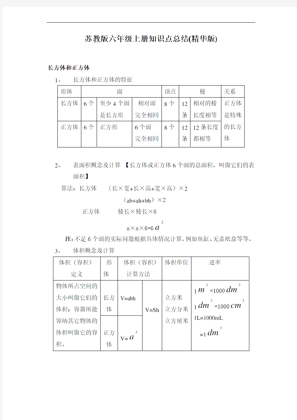 苏教版六年级数学上册知识点总结(精华版)教学教材