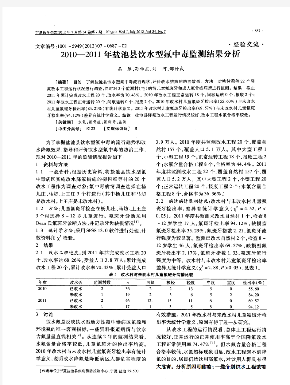 2010-2011年盐池县饮水型氟中毒监测结果分析