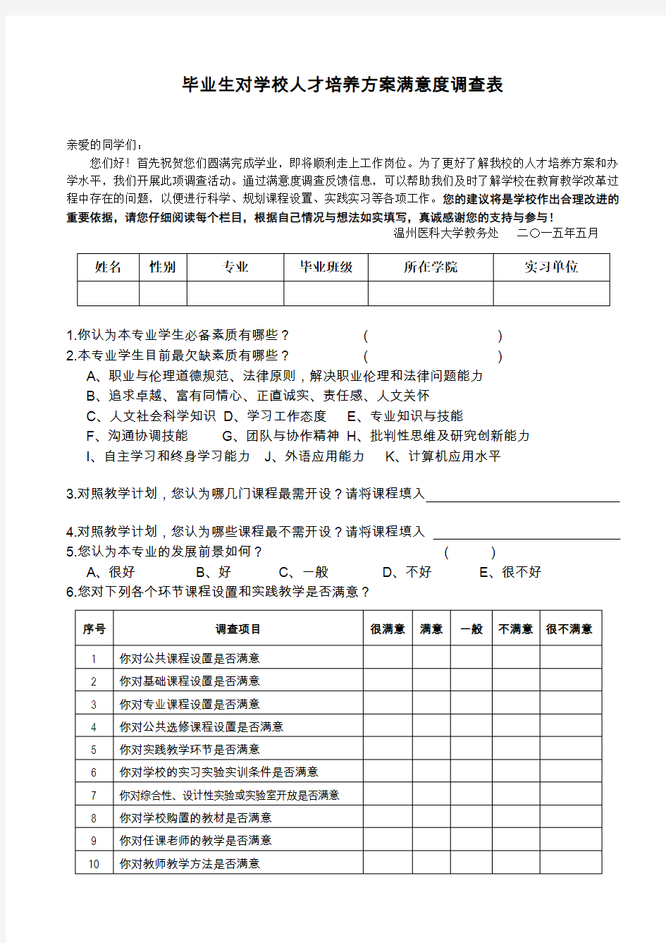 毕业生对学校满意度调查表