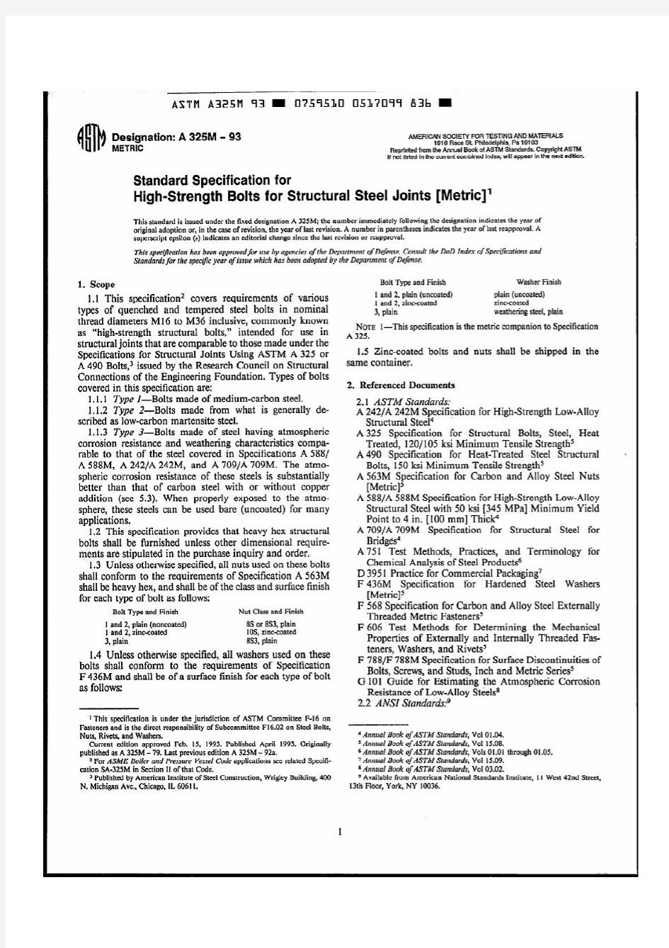 ASTM A325M 结构钢连接的高强螺栓(公制)