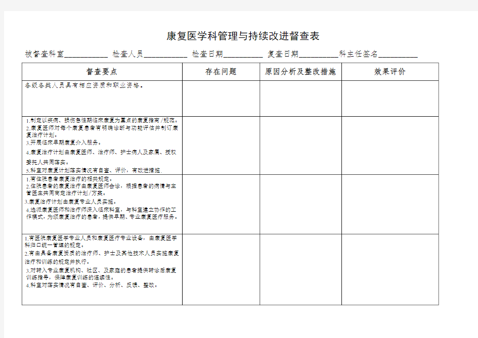 康复医学科管理与持续改进督查表