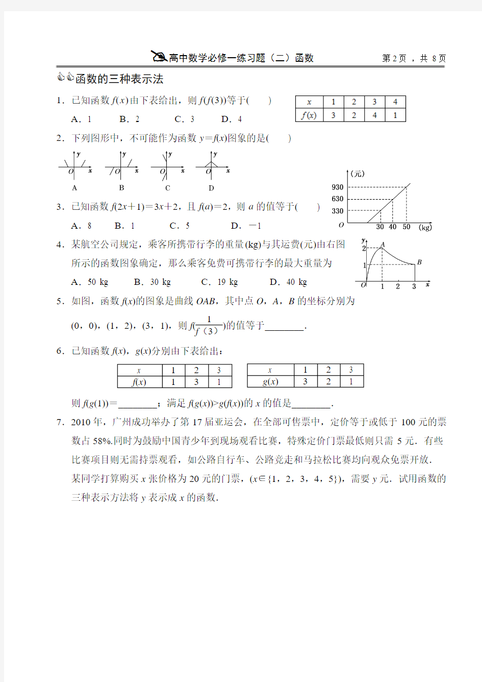 高中数学必修一练习题(二)函数(含详细答案)