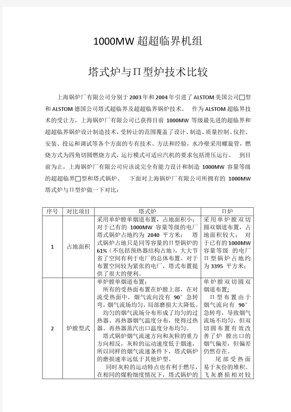 1000MW超超临界机组锅炉塔式炉与Π型炉技术比较(经典)