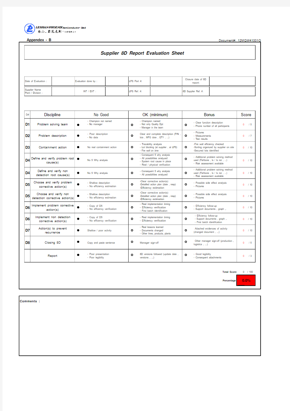 Suppler 8D evaluation sheet