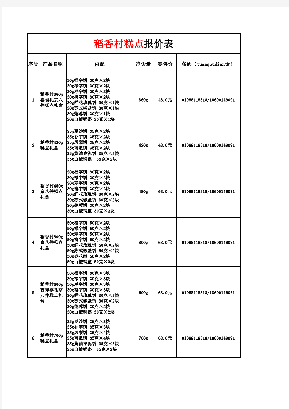 稻香村糕点京八件北京价格表