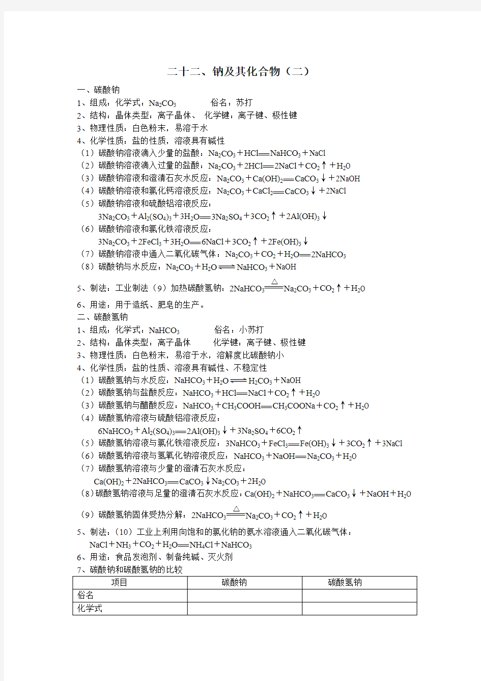 碳酸钠和碳酸氢钠及其强化练习