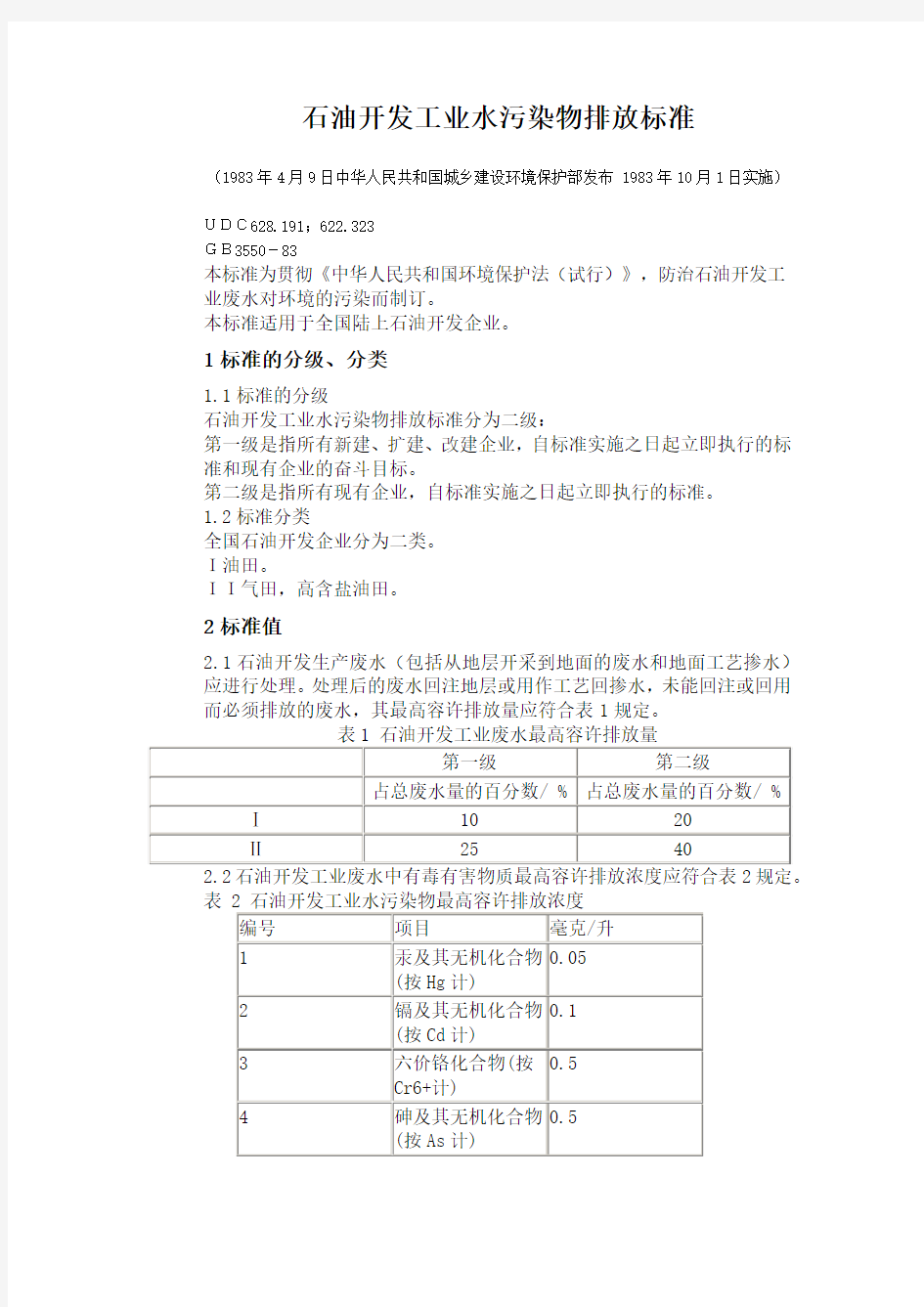 完成GB3550-83石油开发工业水污染物排放标准