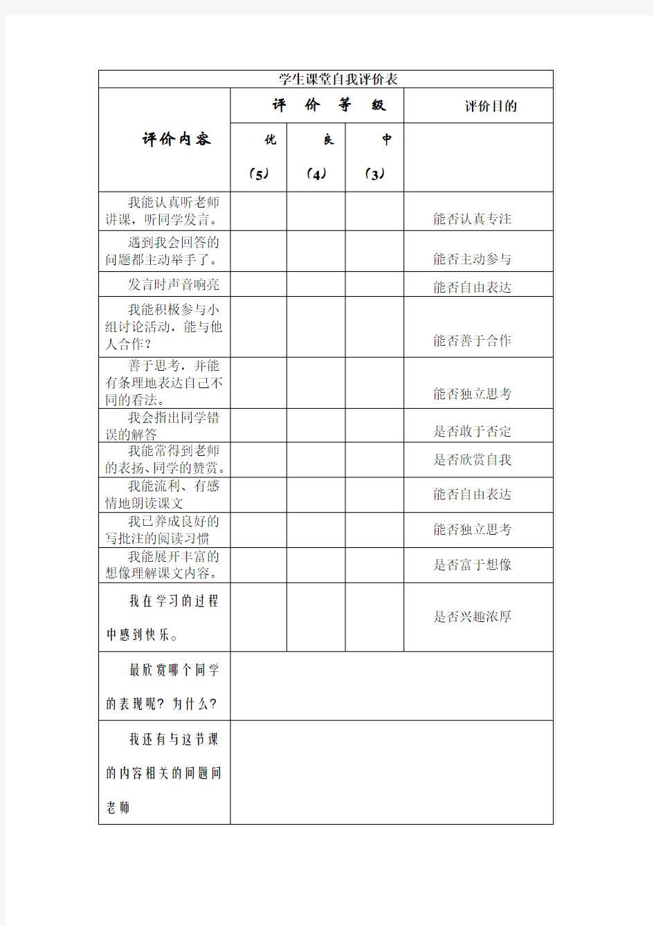 学生课堂自我评价表