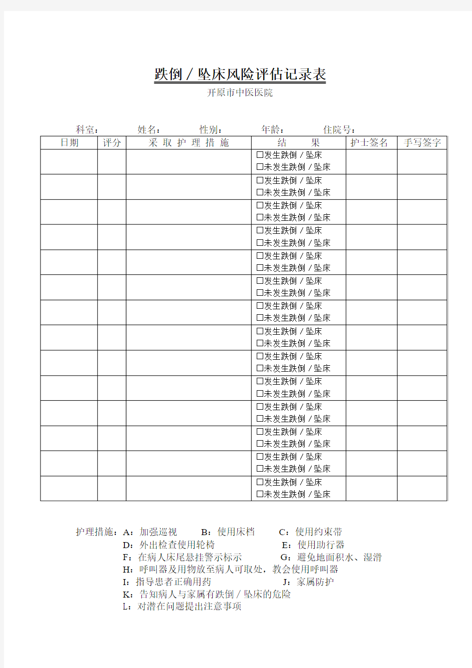 跌倒坠床风险评估表