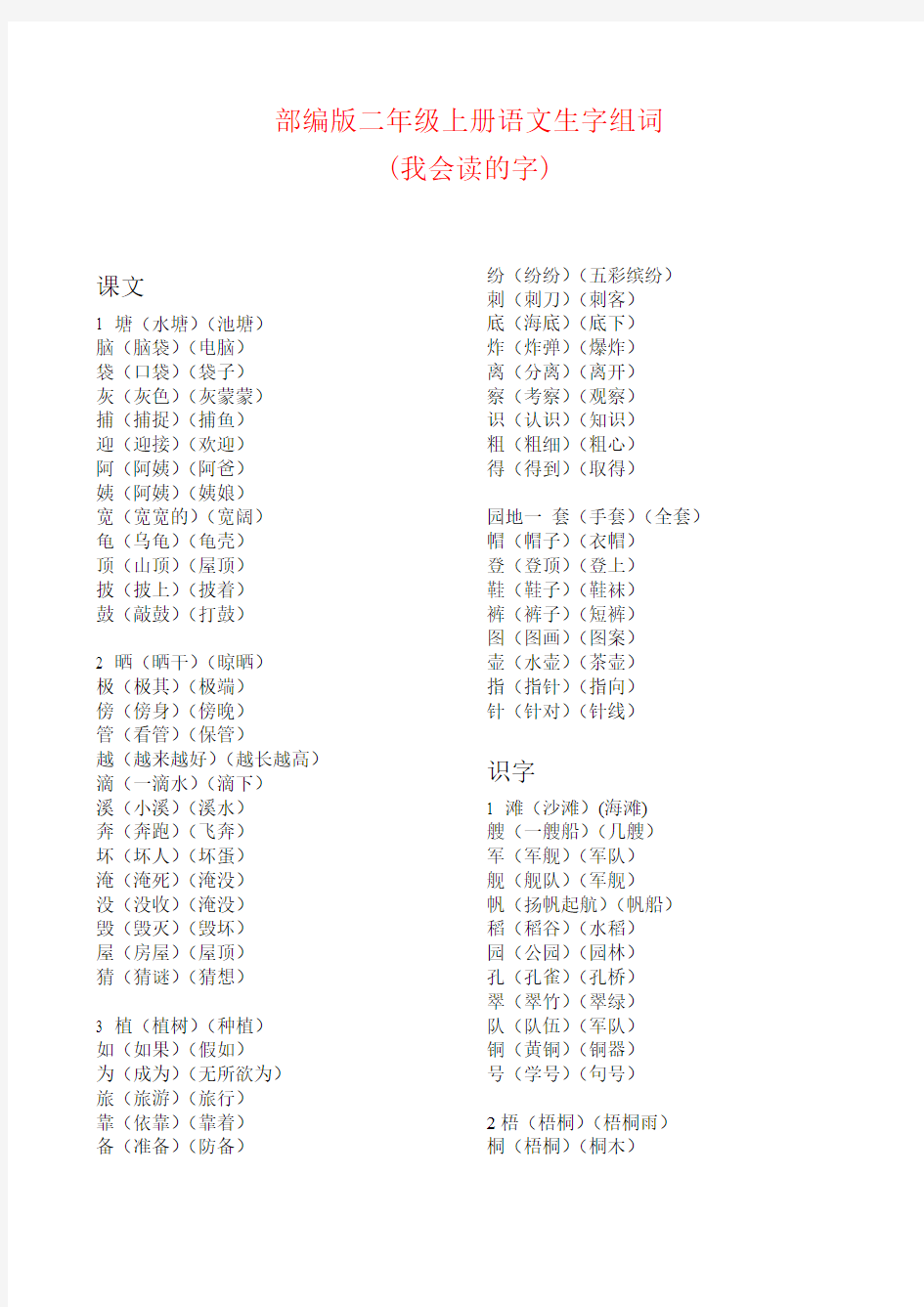 部编版二年级上册语文生字组词(我会读的字)