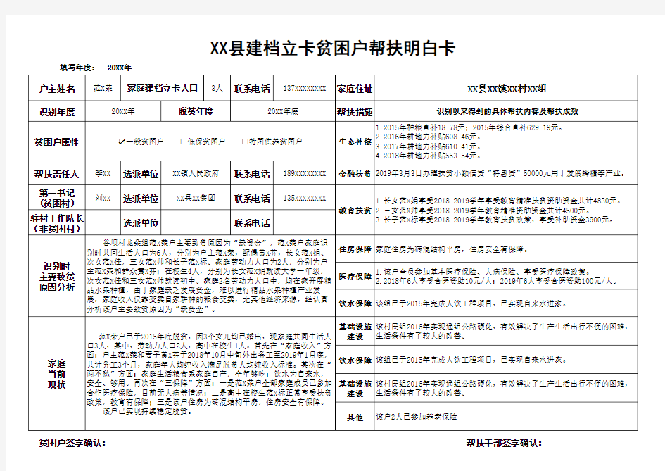 XX县建档立卡贫困户帮扶明白卡