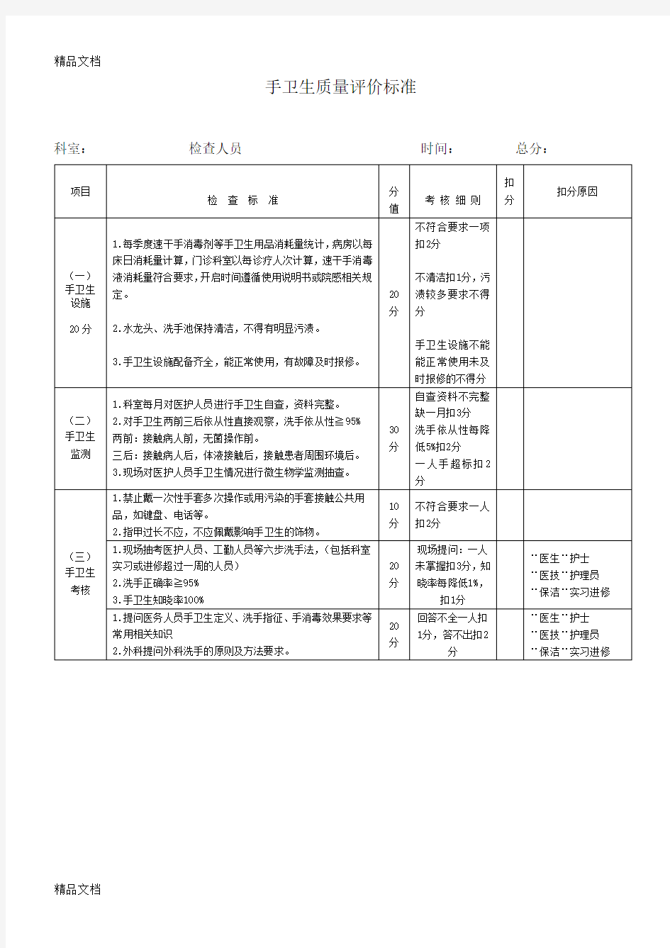 最新手卫生质量评价标准