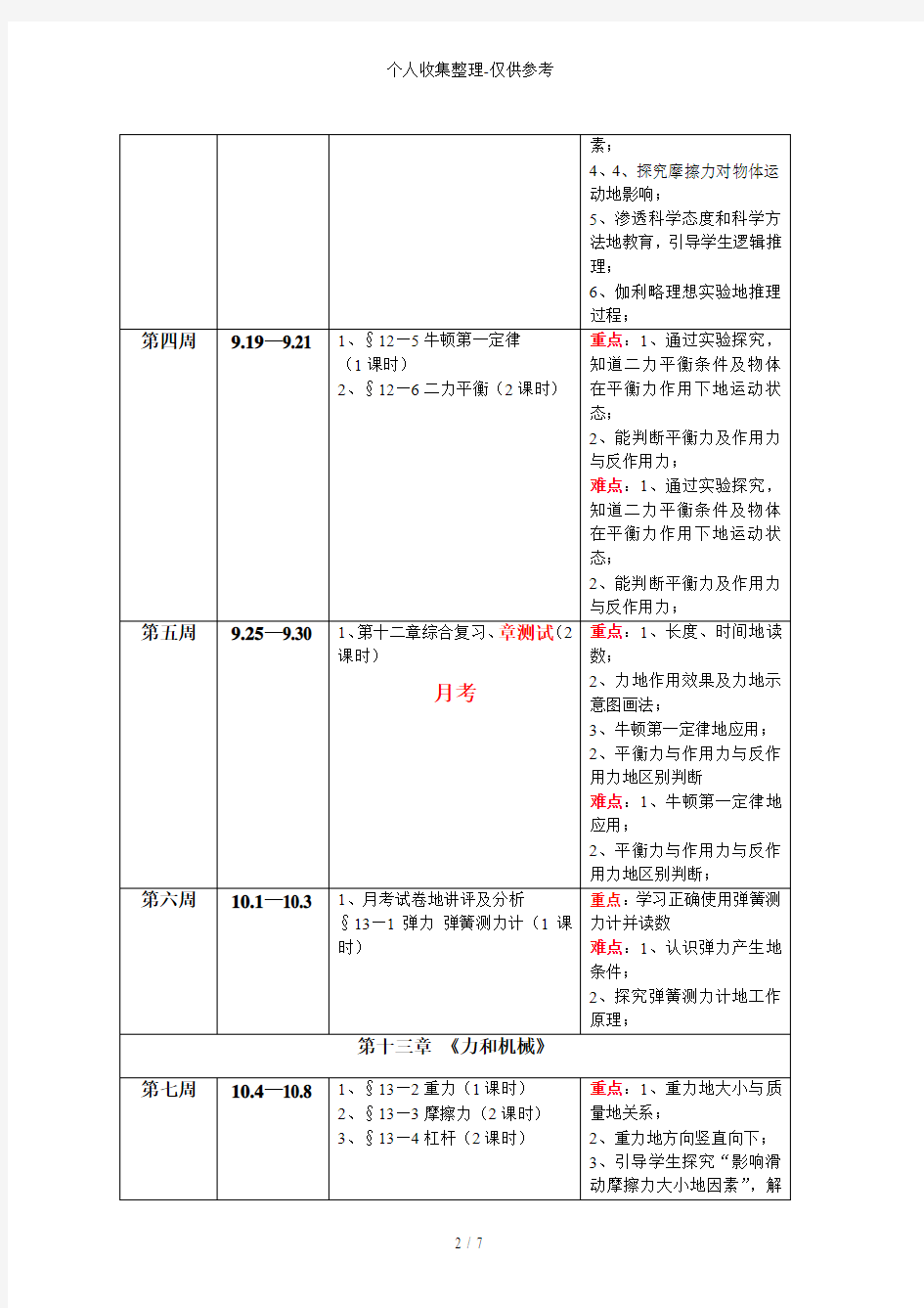 初三物理优秀教学进度安排