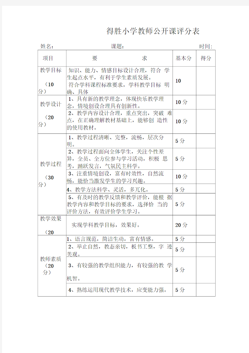 教师公开课评分表