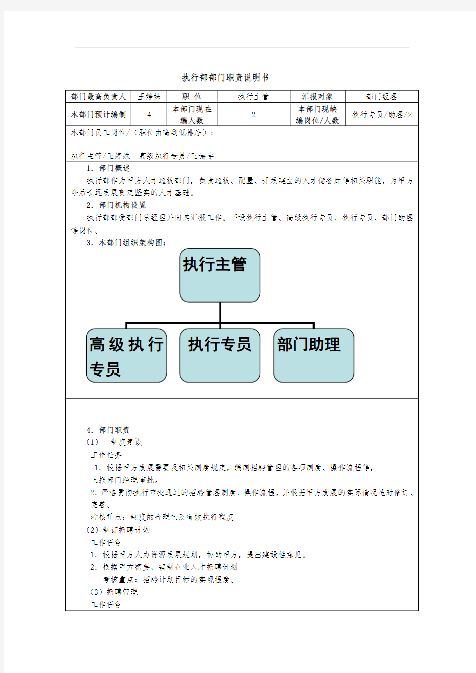 招聘部部门职责说明书