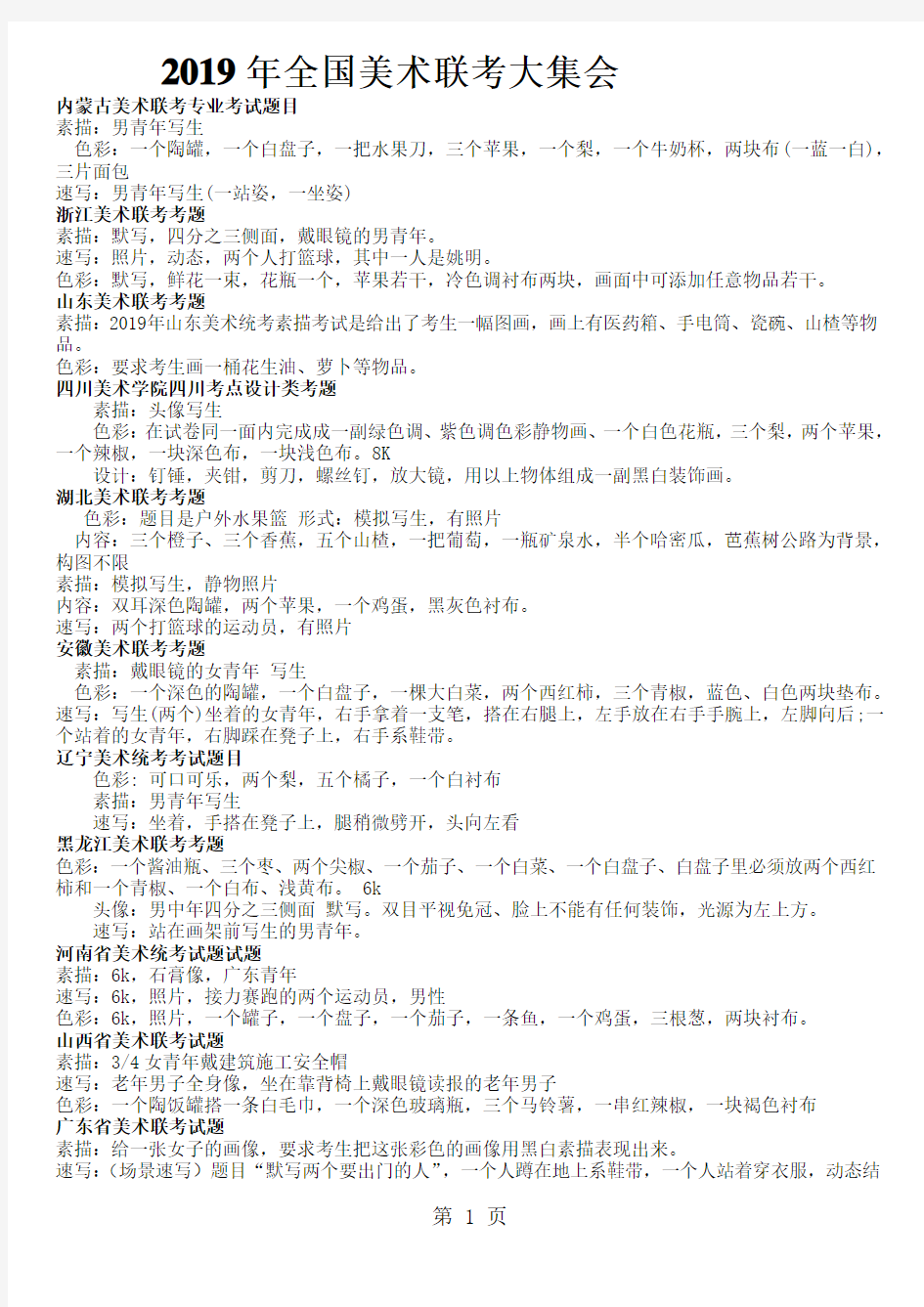 2019年全国各地美术联考题目-9页文档资料