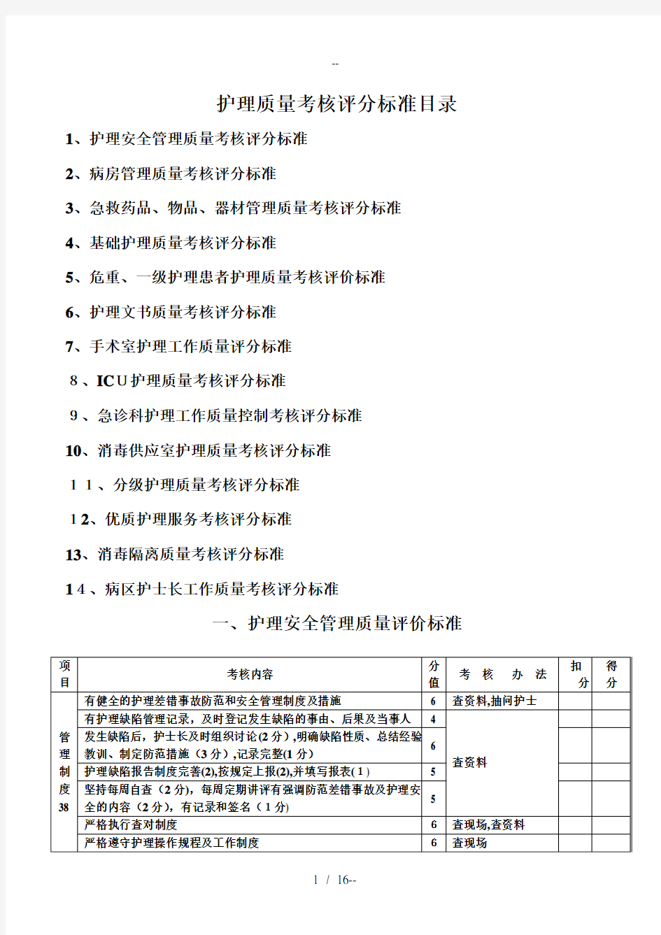 护理质量考核评分标准