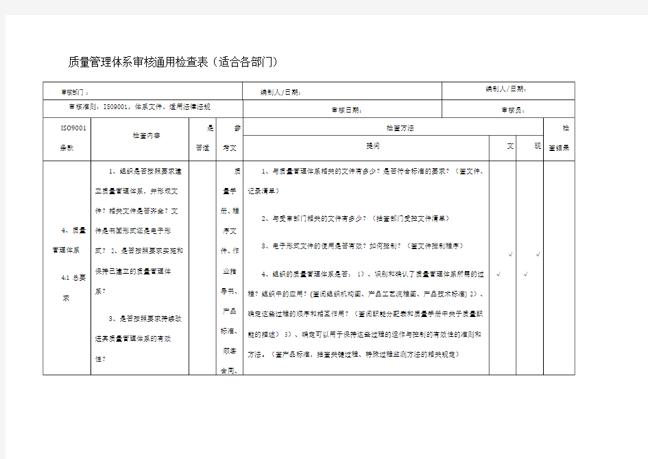 新版质量管理体系审核检查表