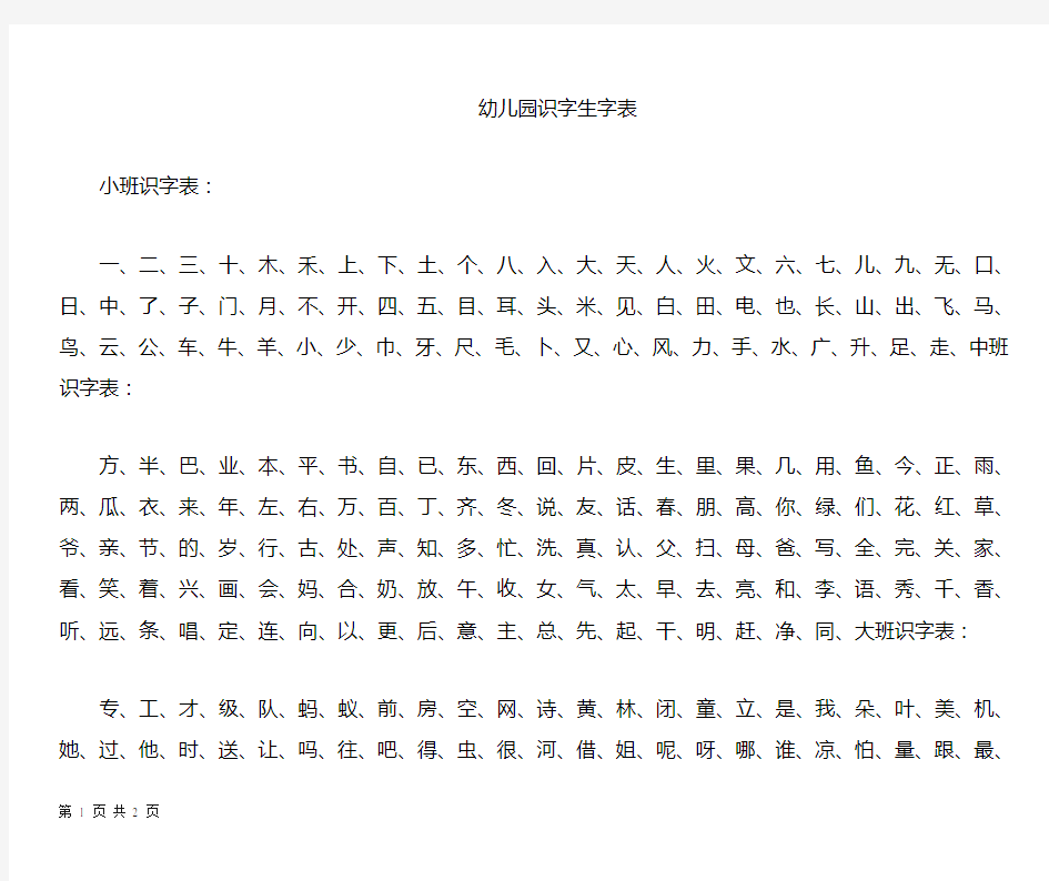 (完整word版)宝宝识字表、幼儿园生字表、可下载打印