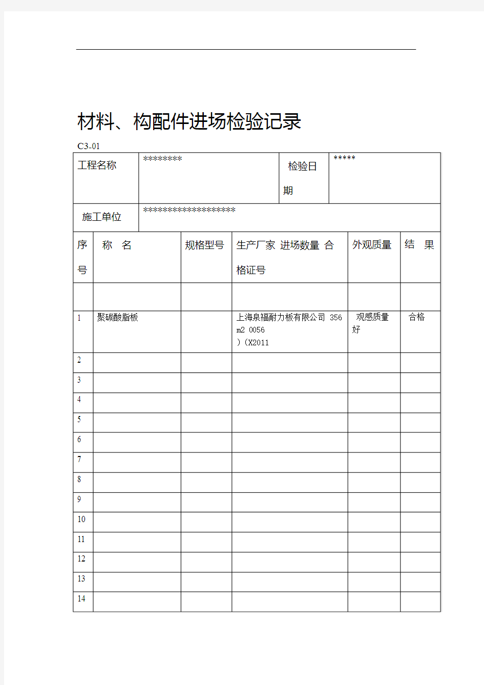 材料进场材料 构配件进场检验记录