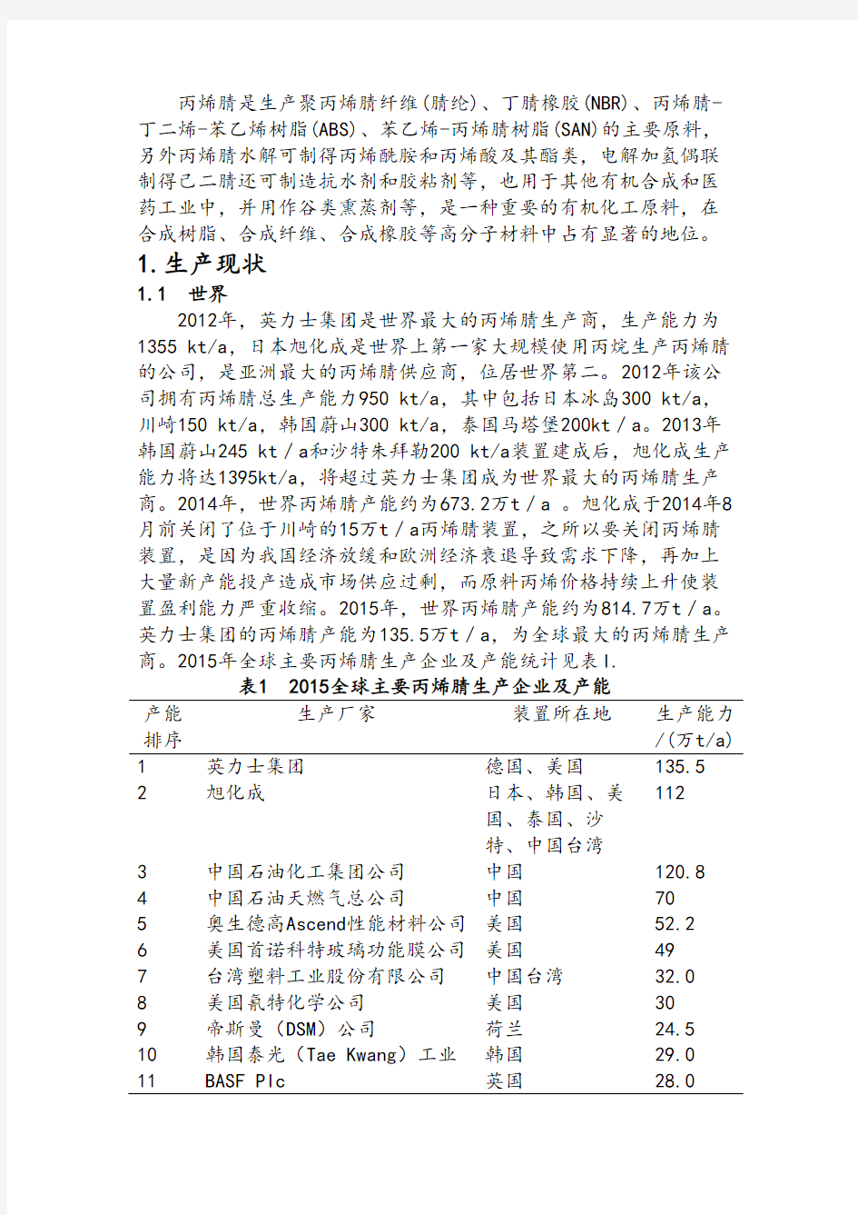 丙烯腈生产现状及市场