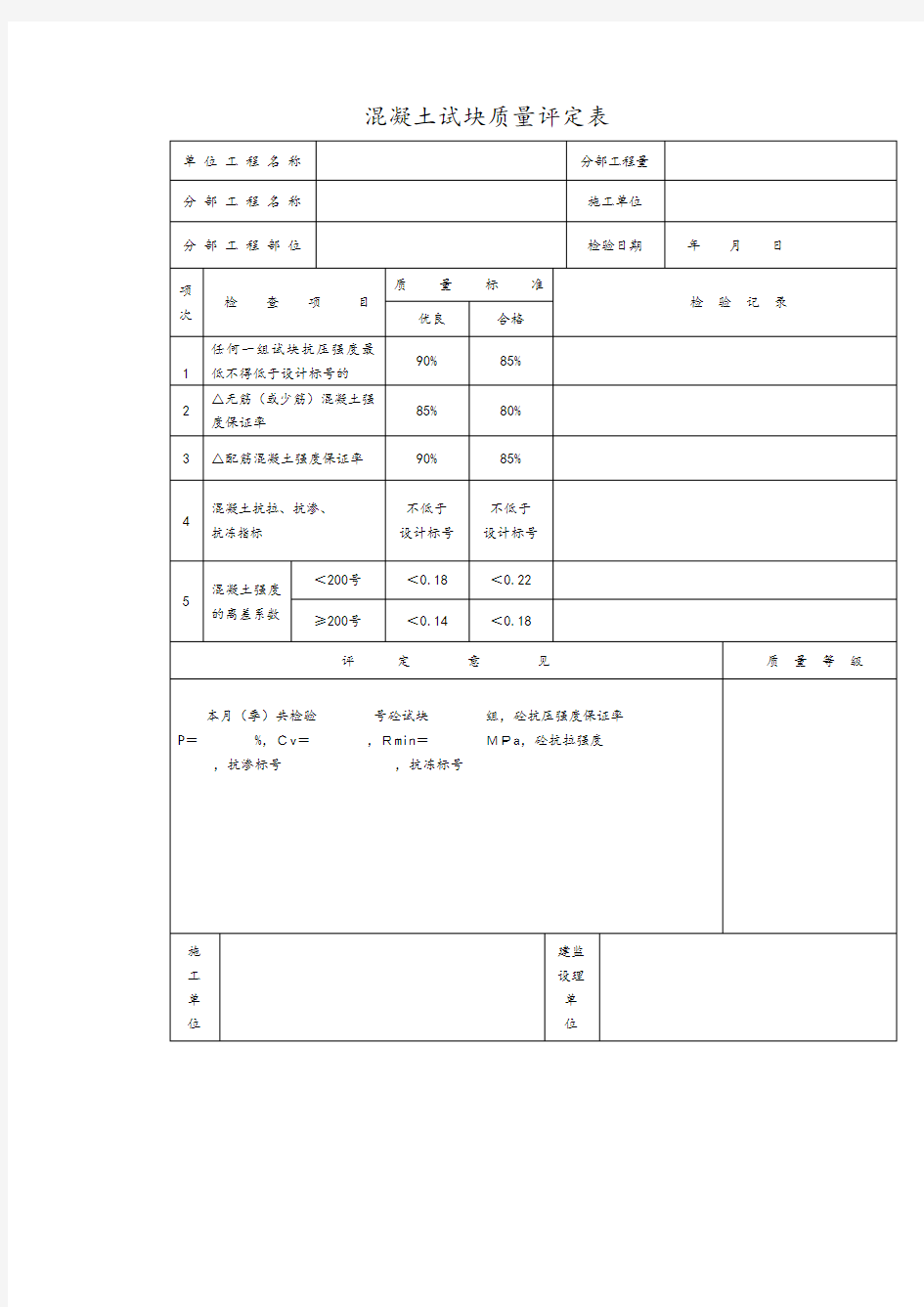 混凝土试块质量评定表