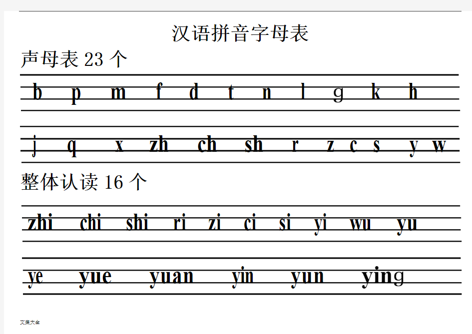 汉语拼音字母表(四线格)声母+单韵母+复韵母+整体认读+绕口令