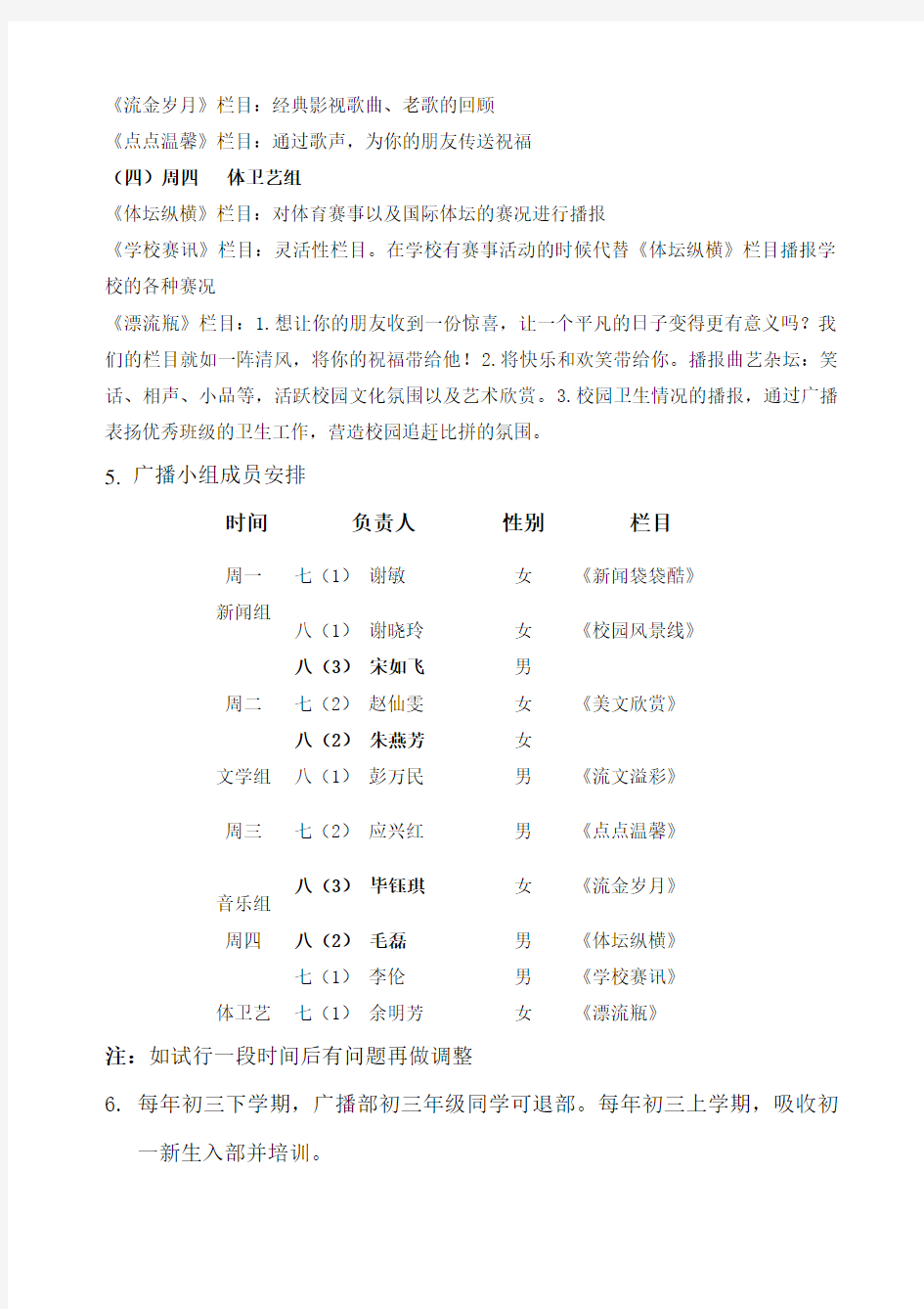 广播站栏目简介、广播流程、职责要求