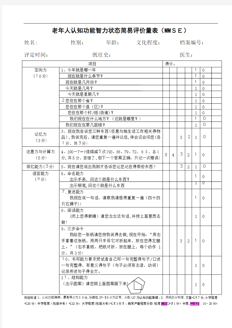 老年人认知功能智力状态简易评价量表(MMSE)