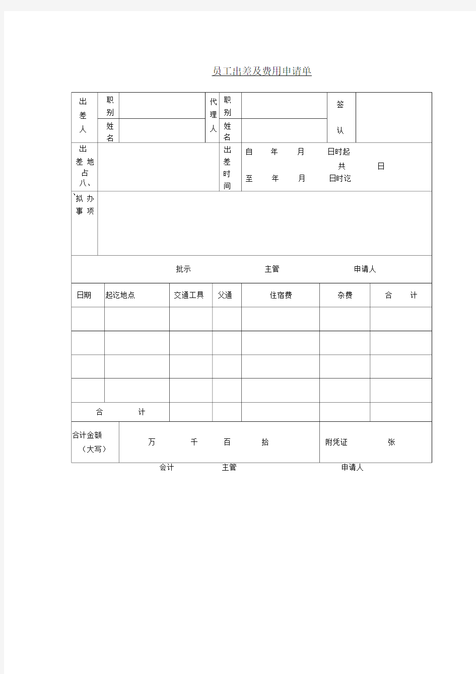 员工出差及费用申请单