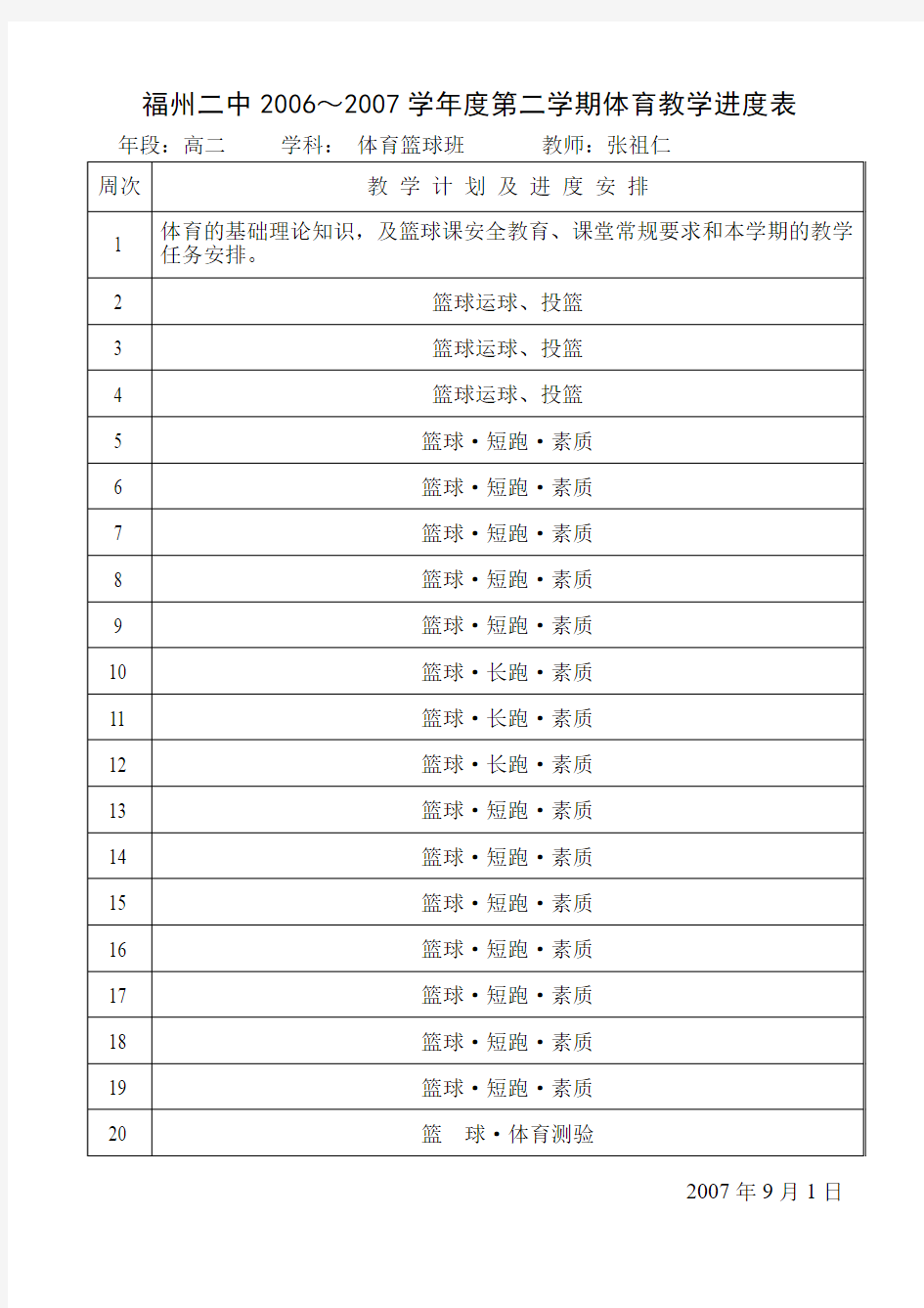 福州二中2012～2013学年度第一学期体育教学进度表