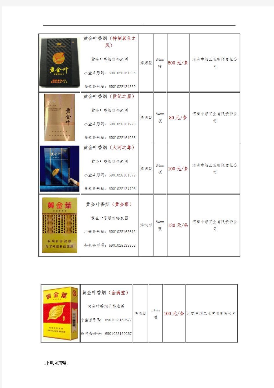 黄金叶香烟价格表图