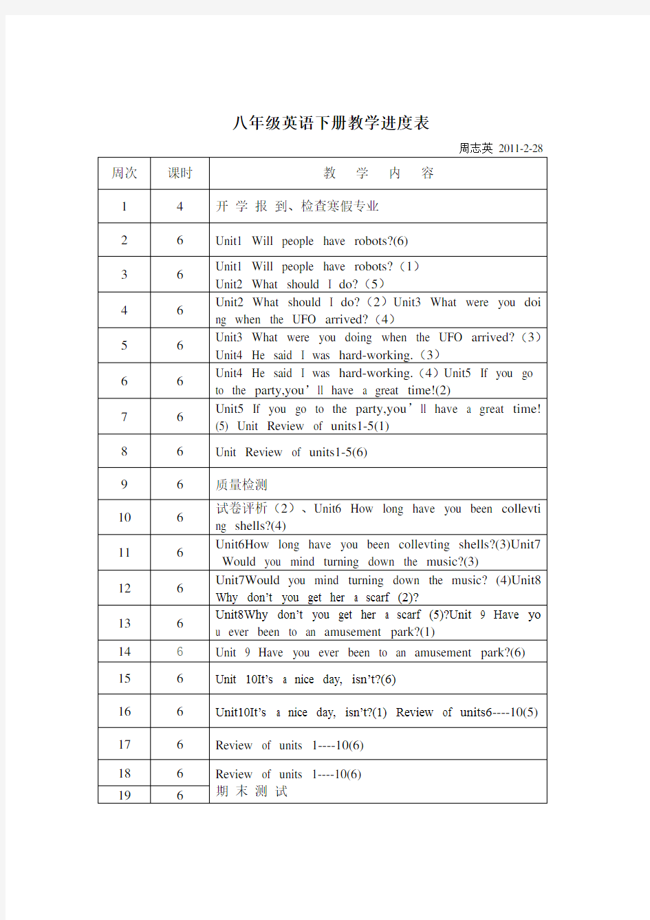 八年级英语下册教学进度表