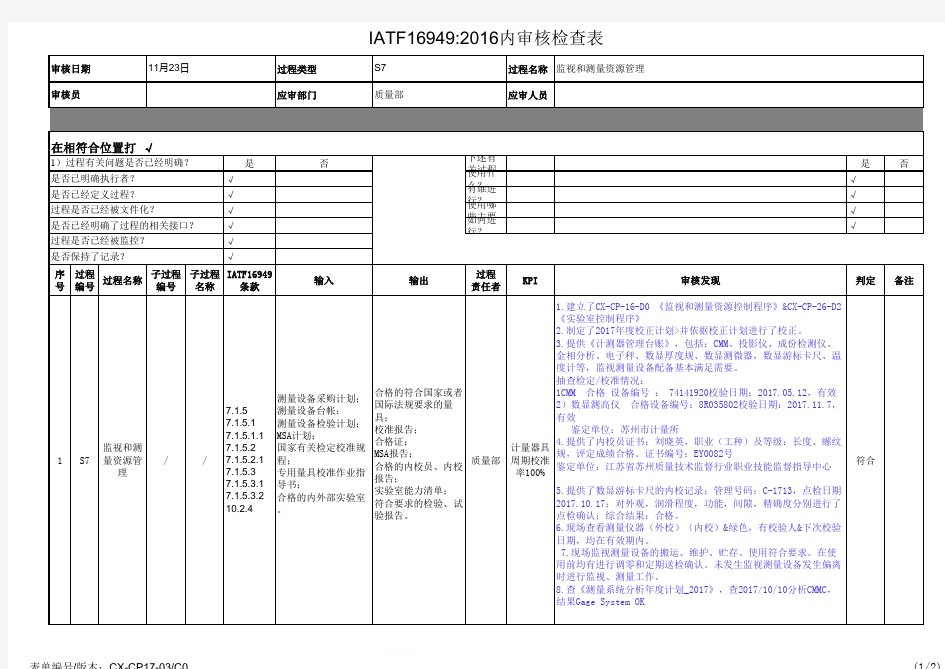 IATF16949监视和测量资源管理过程审核检查表