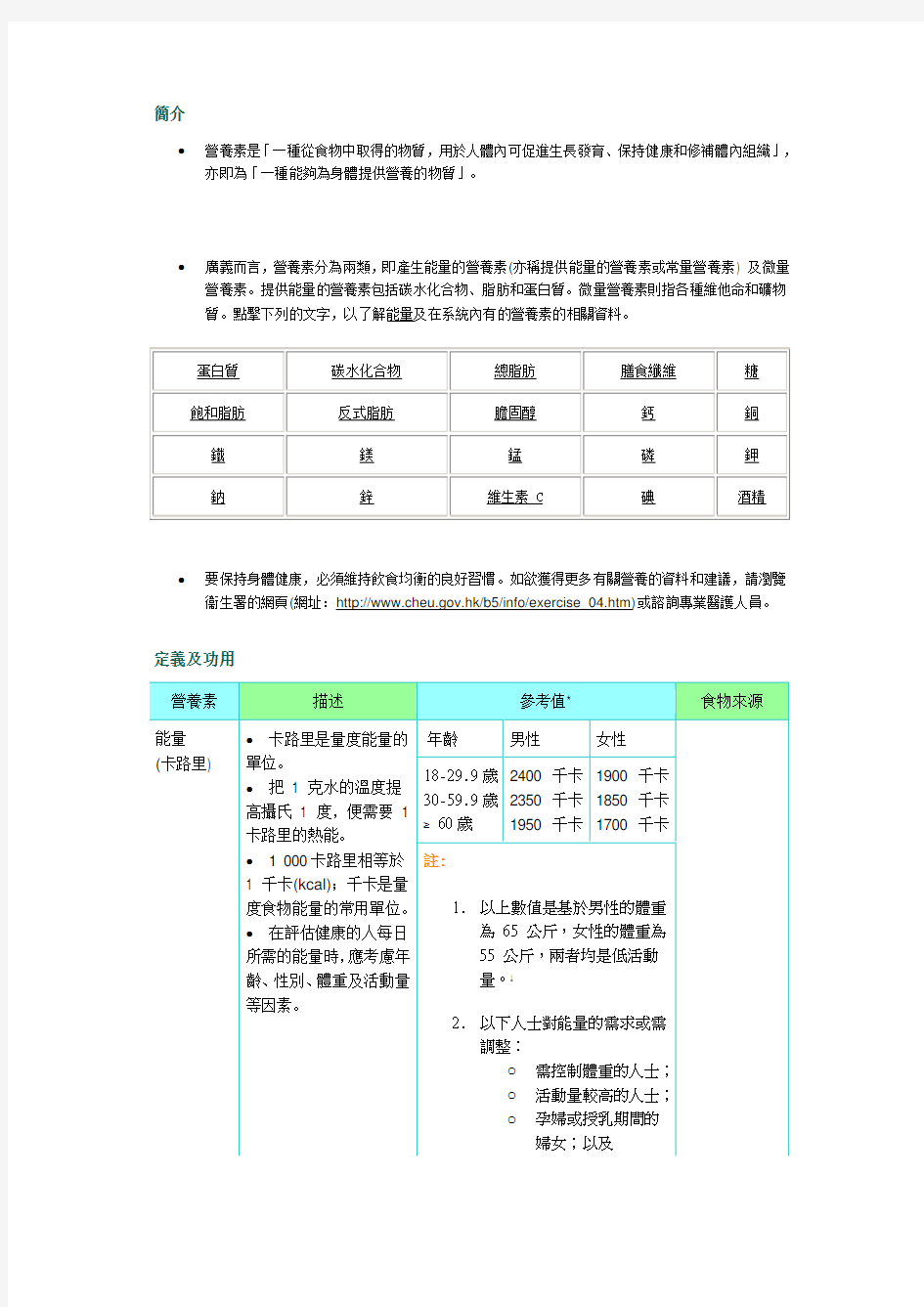 营养素的定义和功能