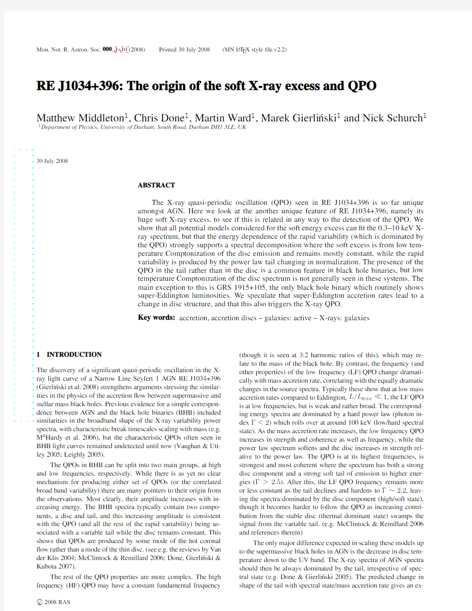 RE J1034+396 The origin of the soft X-ray excess and QPO