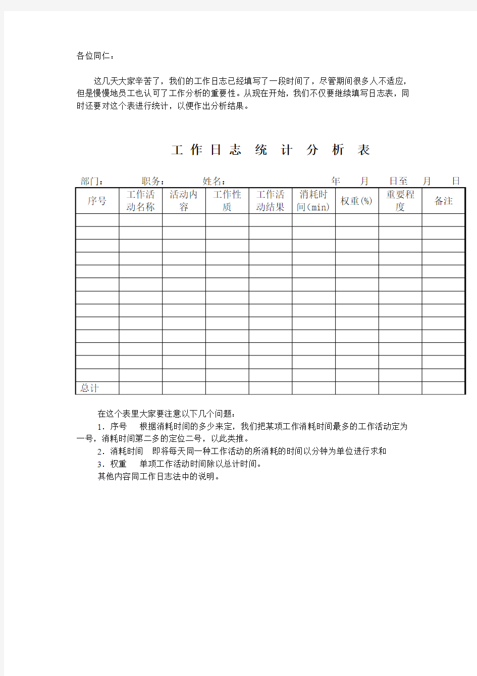 工作分析之四工作日志统计分析表