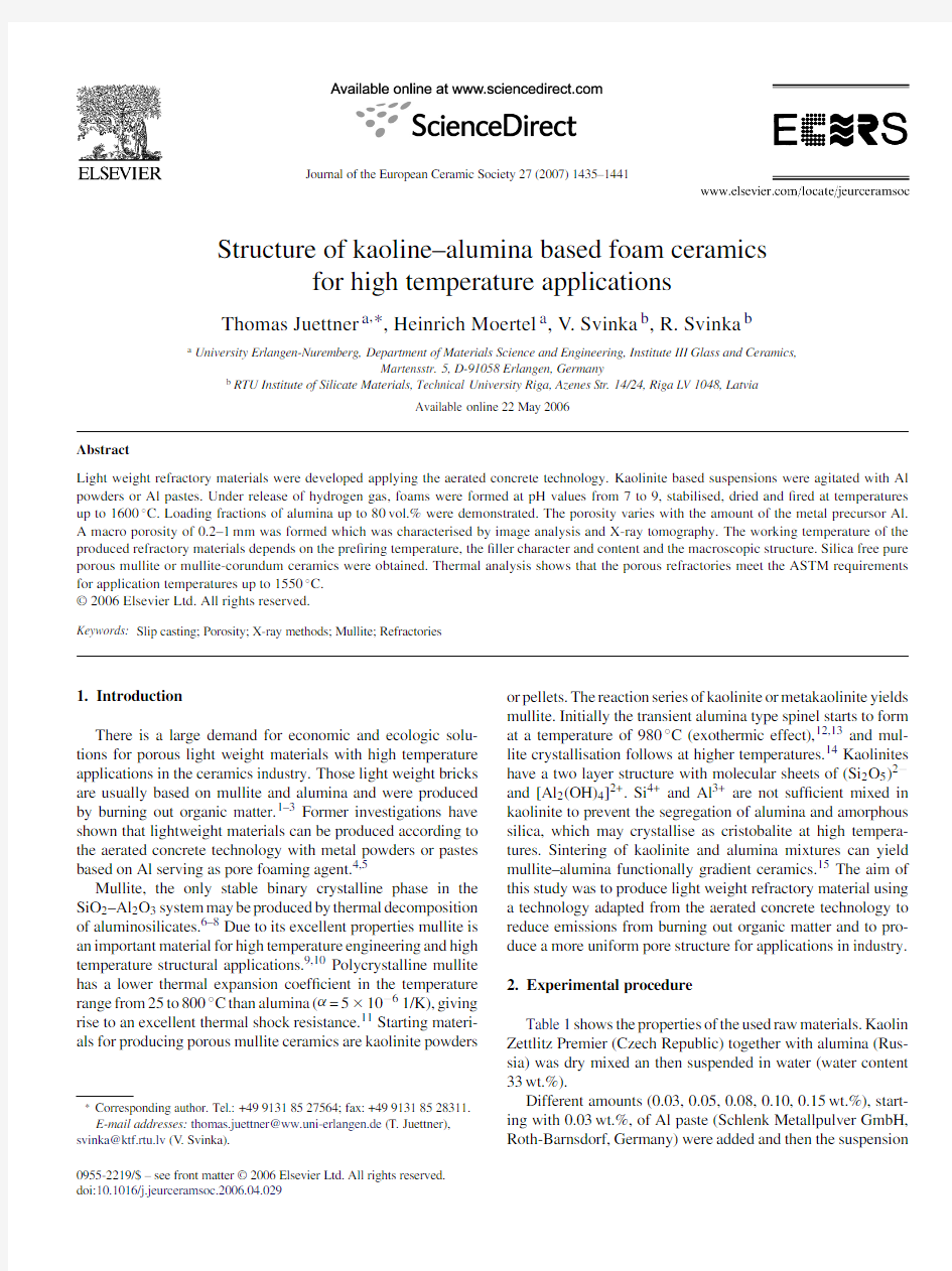 Structure of kaoline–alumina based foam ceramics for high temperature applications