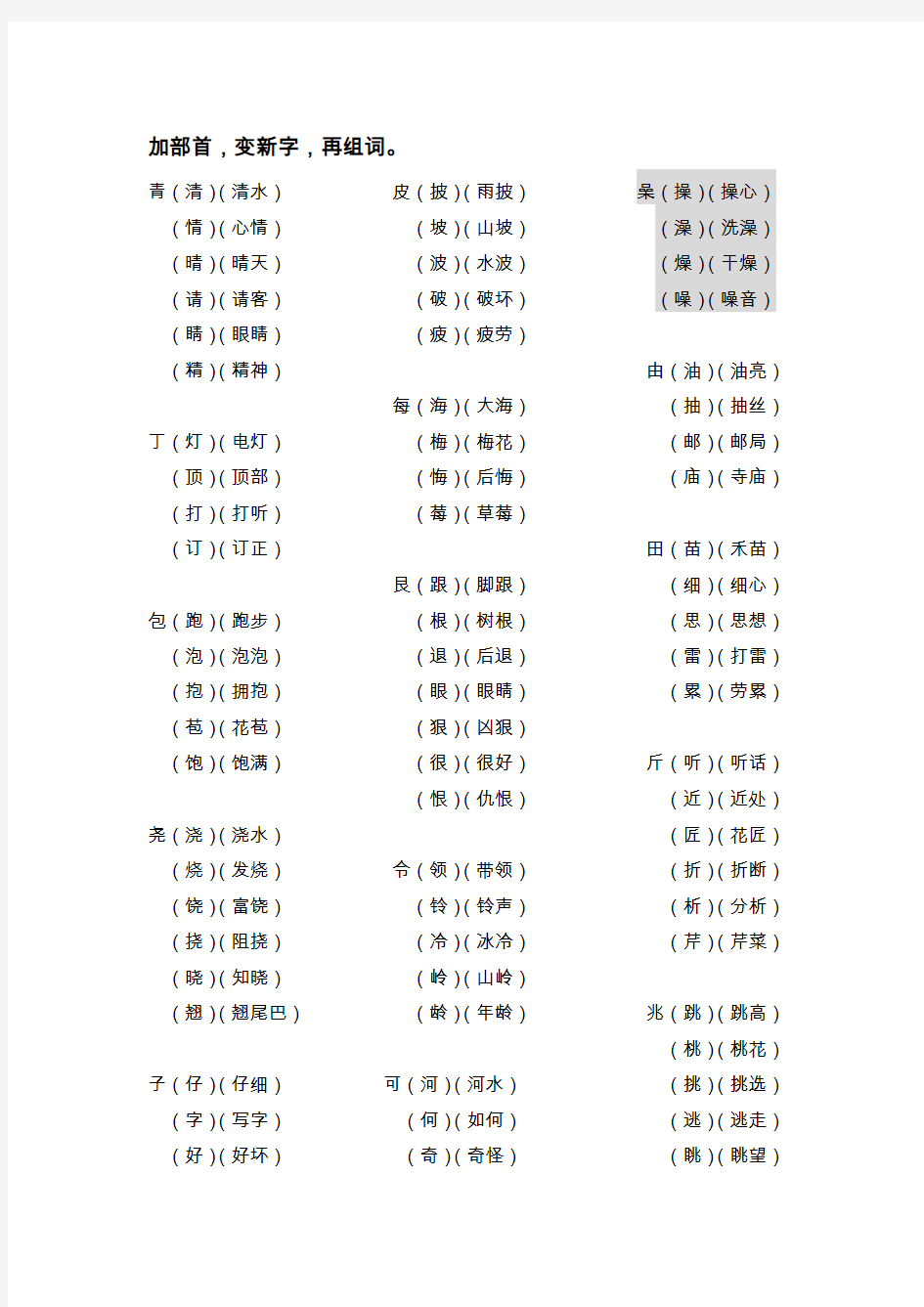 一年级下语文 加部首,变新字,再组词。