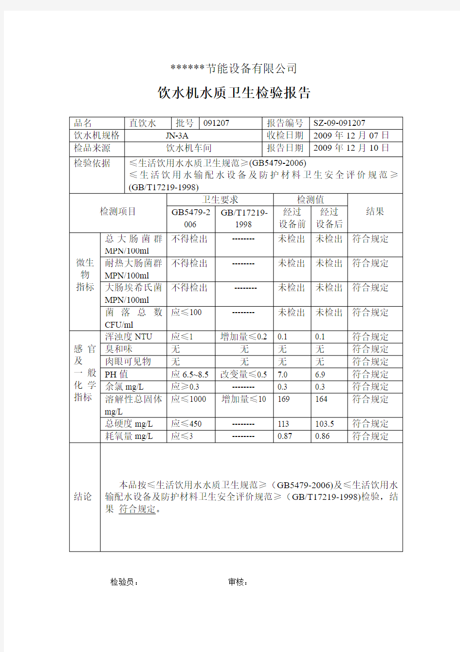 饮水机水质卫生检验报告