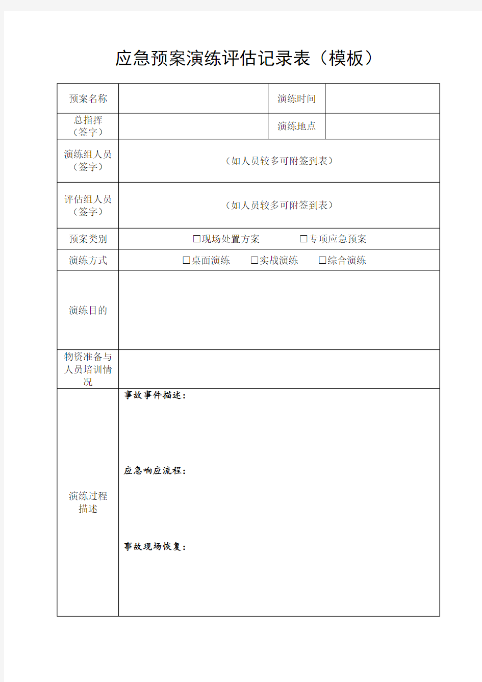 应急预案演练评估记录表(模板)